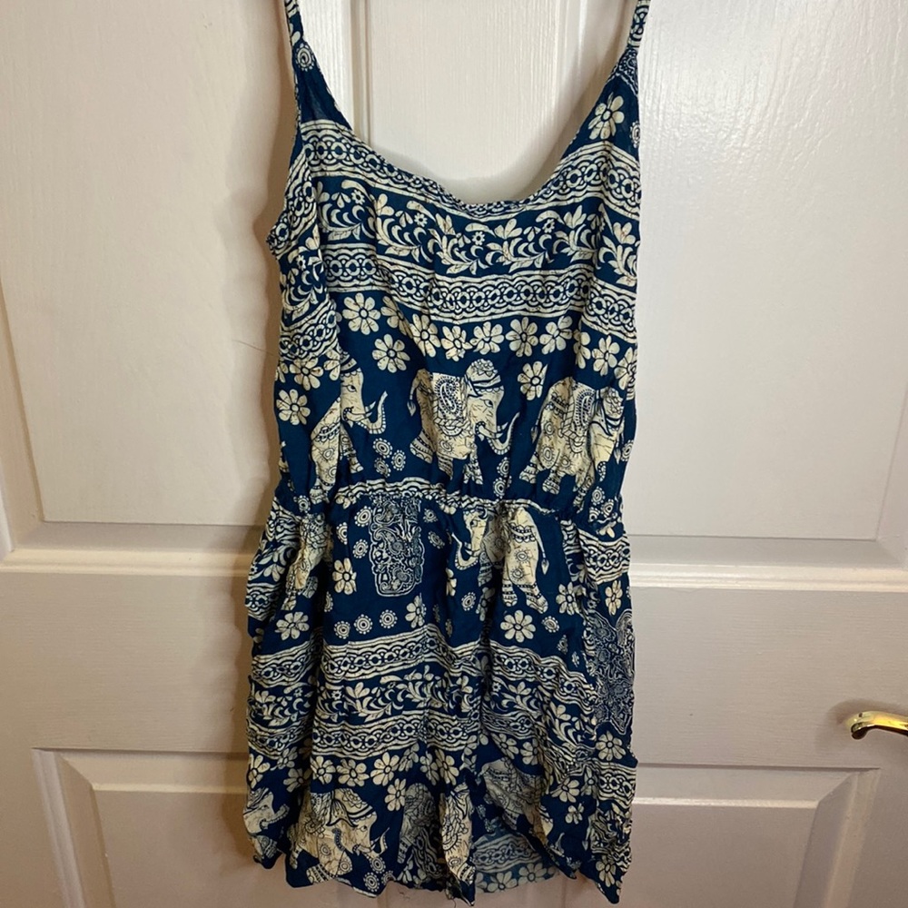 One piece blue and white Elephant print Romper with pockets